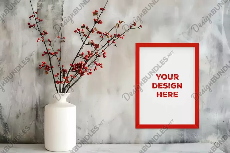 Frame mockup on grunge industrial wall with vase and flowers