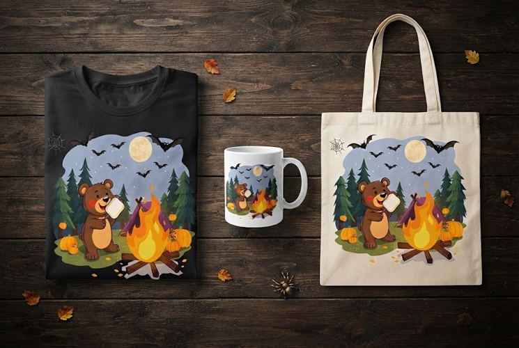 Cute Bear Camping Halloween Design with Marshmallow