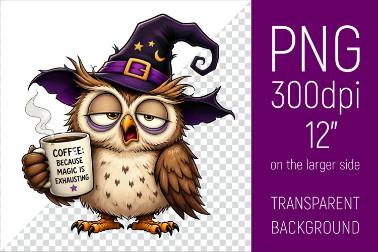 Funny Morning Coffee Owl in Witch Hat | Halloween Clipart example image 1