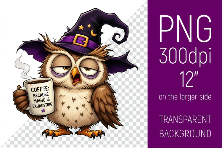 Funny Morning Coffee Owl in Witch Hat | Halloween Clipart
