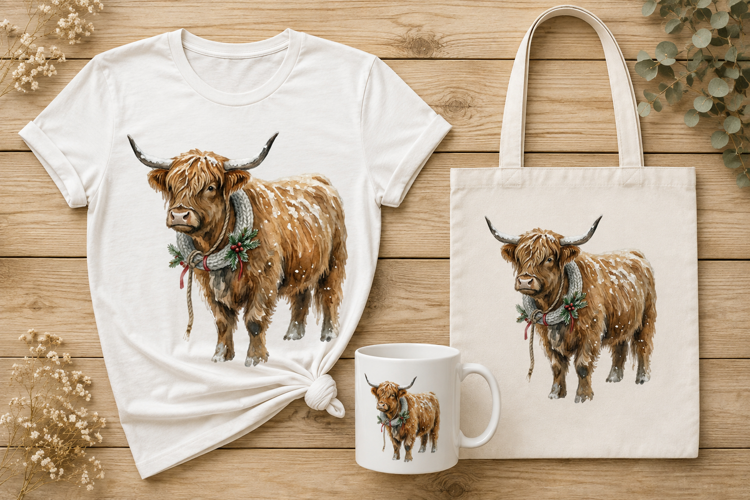 Nordic Winter Highland Cow Knit Scarf Holiday Art