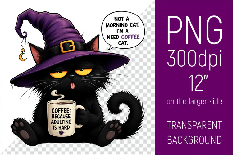Funny Morning Coffee Cat in Witch Hat | Halloween Clipart
