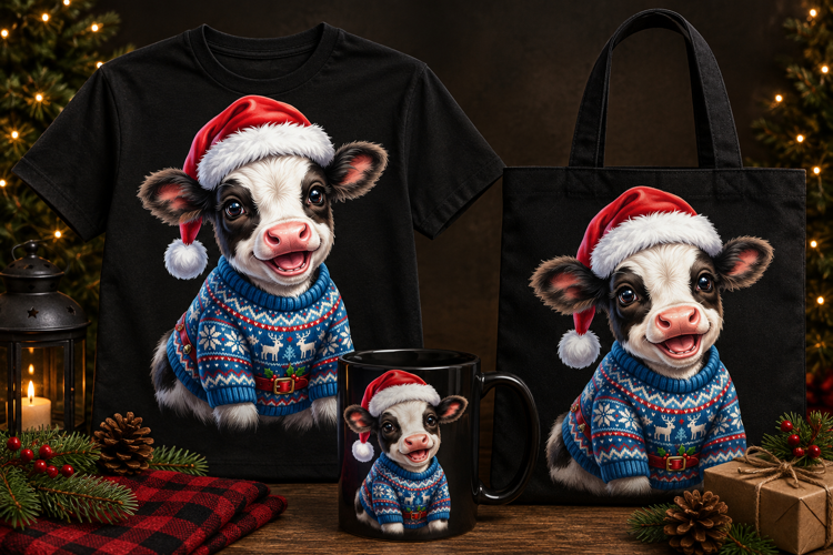 Cute Christmas Calf PNG Santa Hat Winter Sweater Clipart