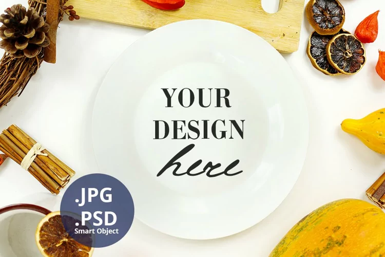 Round White plate mockup, full wrap PSD mockup, Winter mock