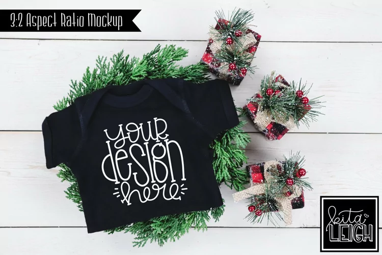 Bodysuit Christmas Mockup with Buffalo Plaid Gifts Photo