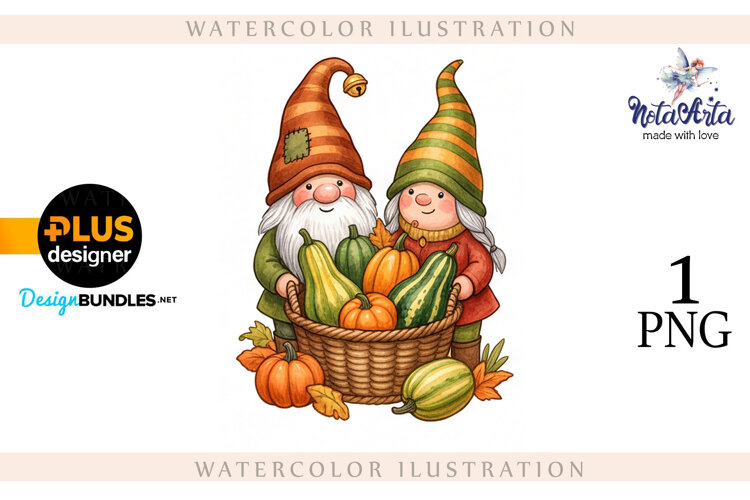 Gnomes with Pumpkin Harvest in Watercolor Style example image 1