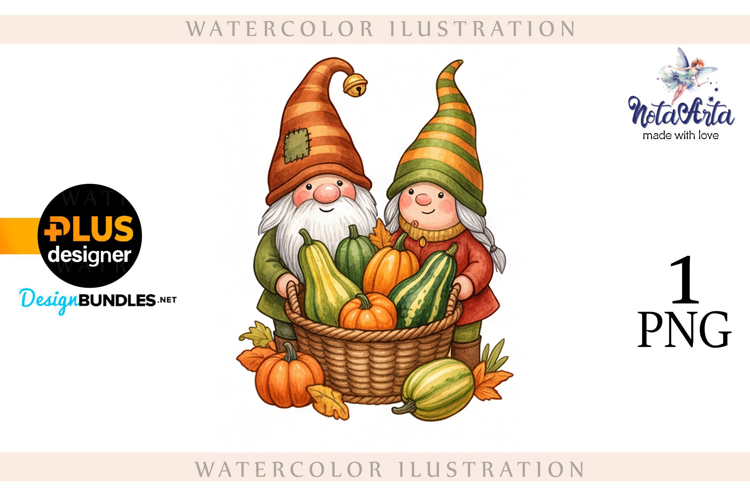Gnomes with Pumpkin Harvest in Watercolor Style