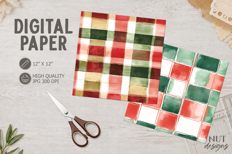Christmas Watercolor Digital Paper Plaid green red paper