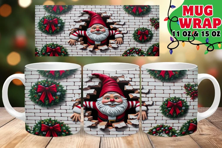 3D Gnome Christmas Wall Lark Mug Wrap 11oz Sublime