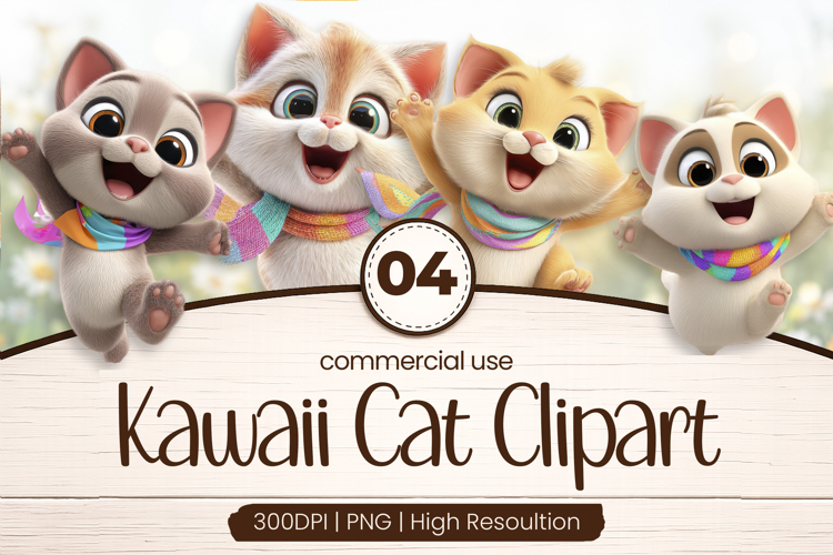 Rainbow Kawaii Cat Friends Clipart Sublimation PNG