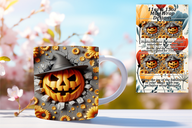 Whimsical 15oz Mug Wrap Png Artwork , 3D Pumpkin