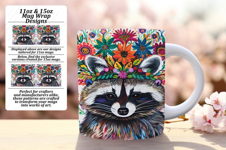 Colorful Raccoon Floral Mug Wrap 11oz/15oz Sublimation