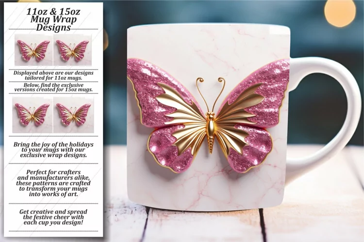 Dreamy 3D Butterfly Artistry: 11oz 15oz Mug Wrap