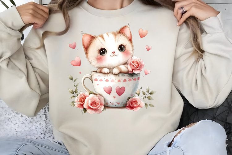 Watercolor Valentine Cat Love Clipart PNG