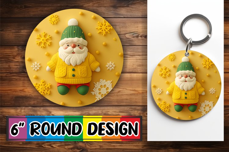 Santa Claus 3D Christmas Round Design Sublimation Keychain