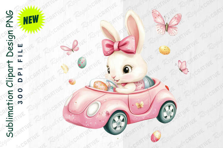 Watercolor Easter Bunny Driving A Pink Car Clipart
