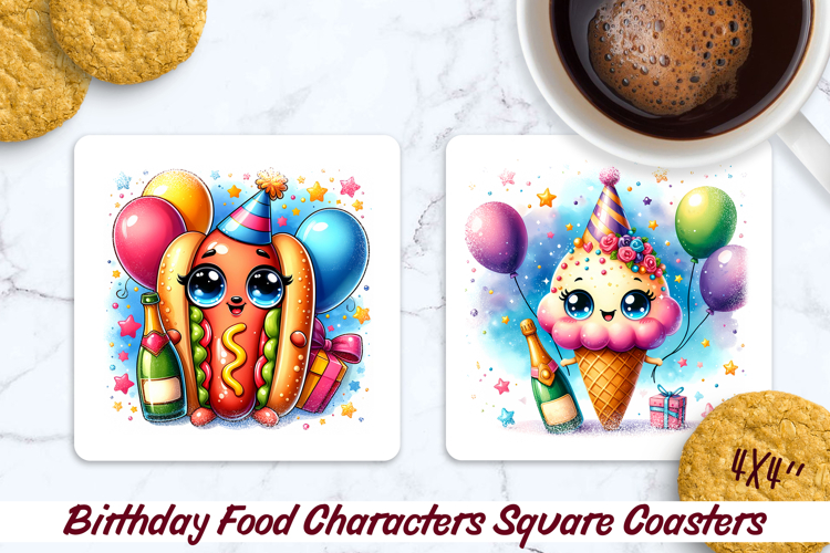 Birthday Food Square Coaster PNG 4x4, Sublimation Design.