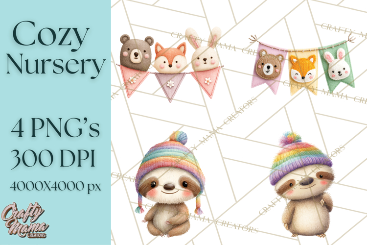 Knitted Nursery Animal Clipart PNG, Cozy Watercolor Baby Fox