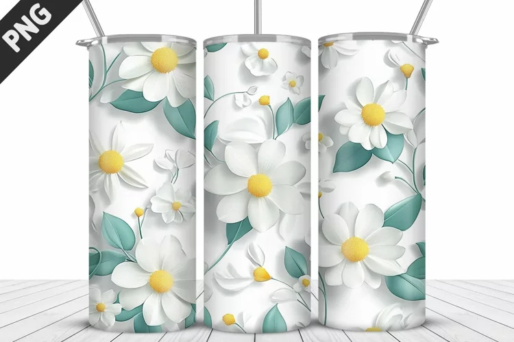 3D White Flowers Tumbler Wrap | Sublimation Design | Tumbler