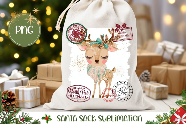 Boho Christmas Deer Santa Sack Template, Winter Gift Bag