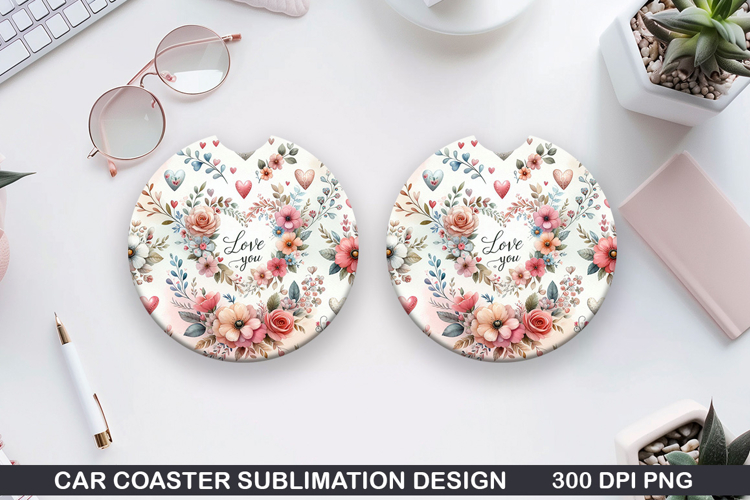 Flowers Car Coaster Sublimation |Valentine Coaster PNG