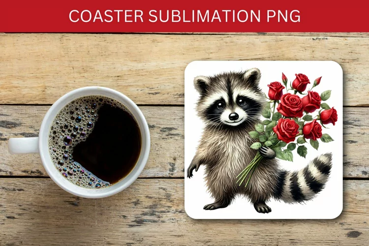 valentine square coaster - racoon red roses