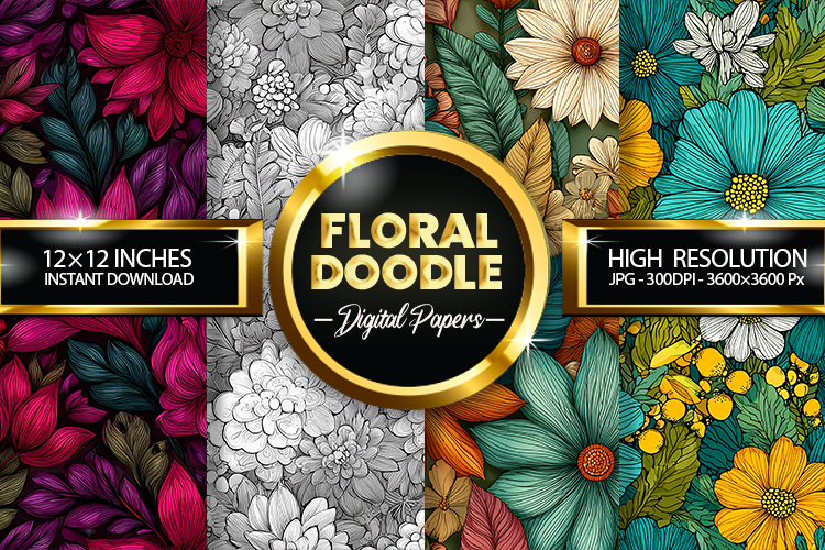 floral doodle Digital Papers - 04 variations