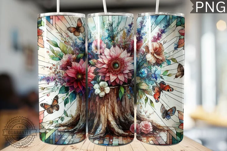 Watercolor Flower Wooden Stump Tumbler - High Quality 3Dpi