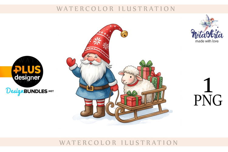 Christmas Gnome Santa with a Sheep in Watercolor Style