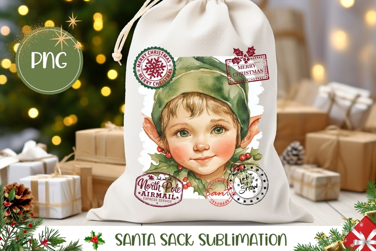 Watercolor Christmas Elf Santa Sack, Gift Bag Design