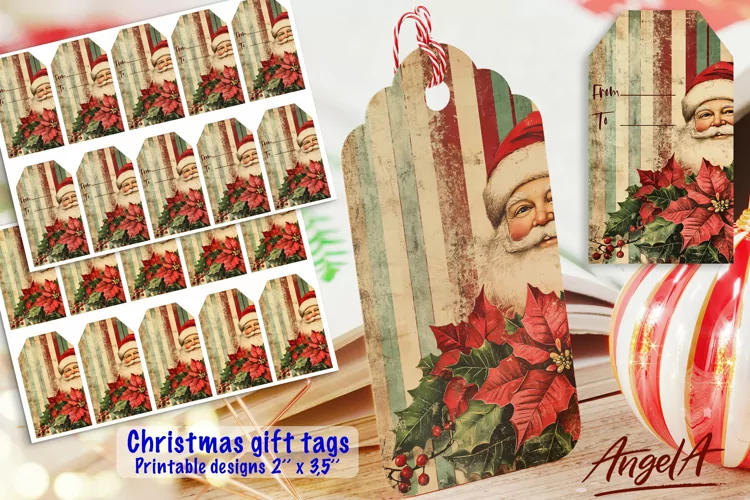 Christmas gift tag printable, retro Santa Claus, floral tags