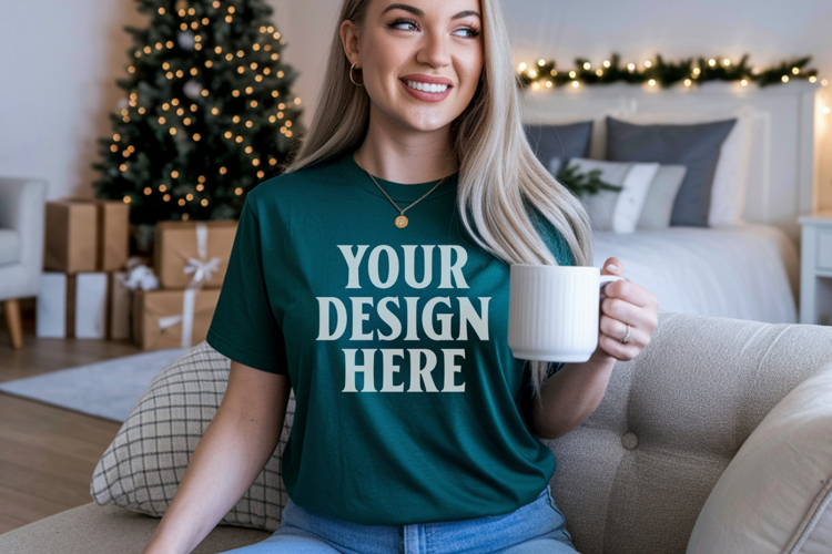 Comfort Colors 1717 Light Green Christmas T-Shirt Mockup, Bo