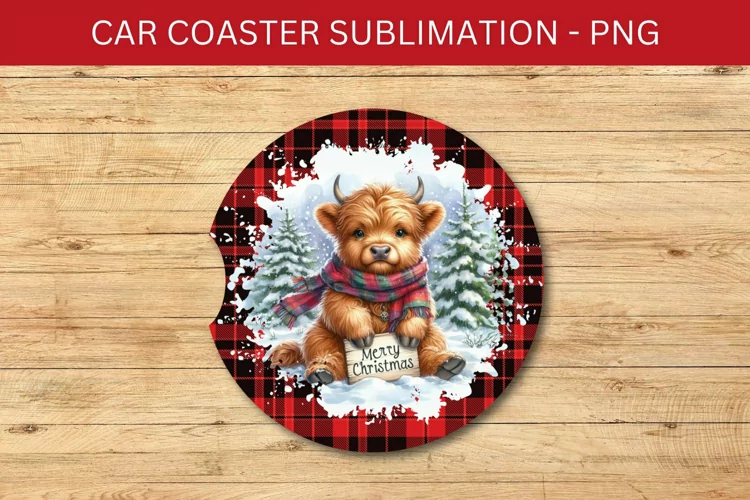 rounded car coaster - plaid highland cow