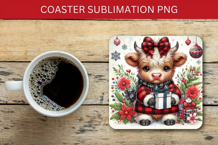 square coaster - plaid highland cow