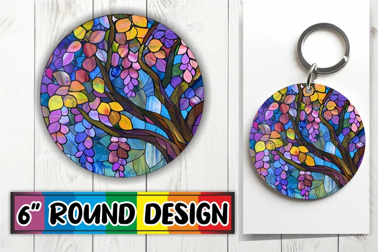 Colorful Stained Glass Tree Keychain Round Design Art