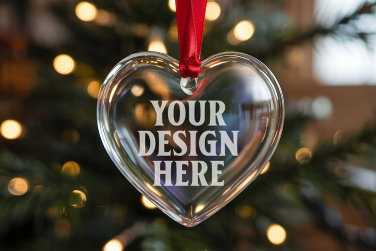 Christmas Heart Crystal Glass Ornament Mockup | Clear Heart