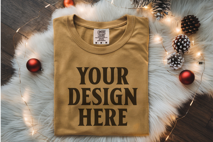 Mustard Comfort Colors 1717 Christmas Folded T-Shirt Mockup