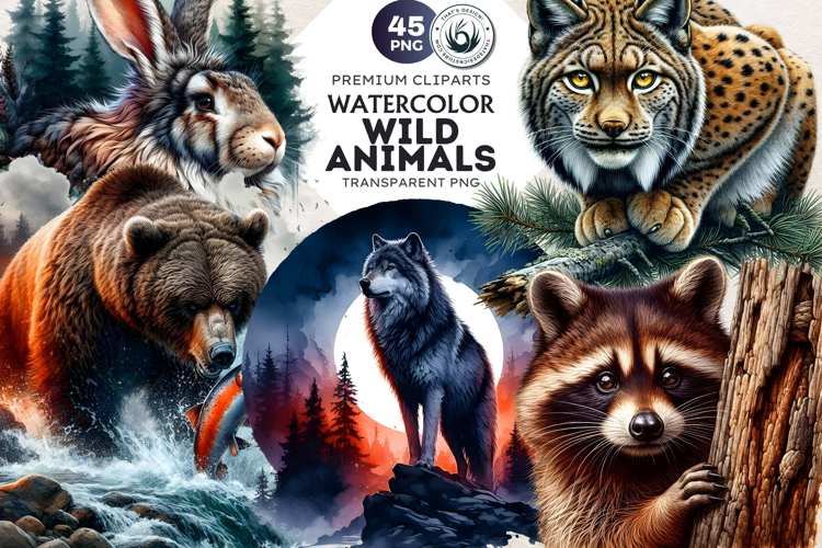 Watercolor Wild Animals Clipart, Forest Wildlife PNG Bundle