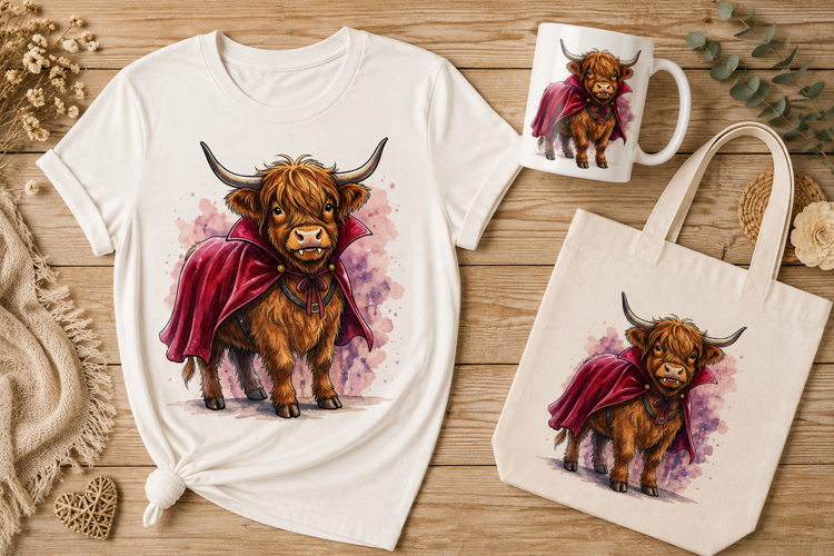 Highland Cow Vampire Cape Halloween Spooky Art