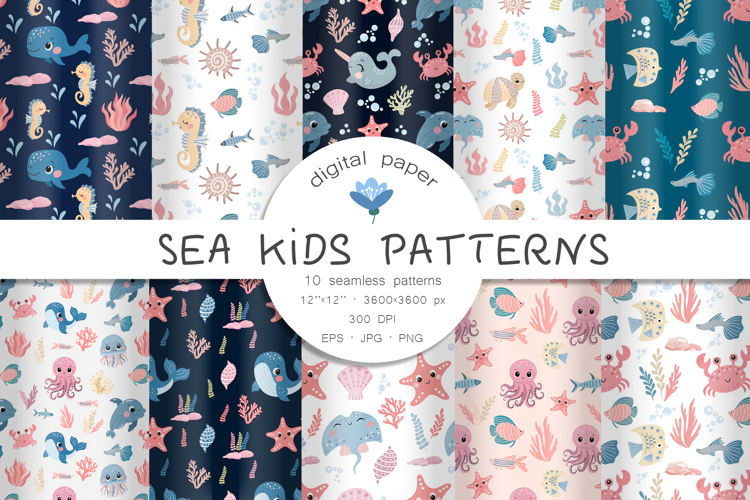 Cute sea animals. Seamless pattern. Kids digital paper