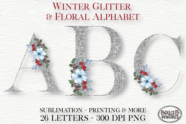 Winter Glitter Floral Alphabet Set, Sublimation Alphabet example image 1