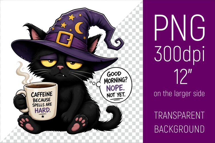 Funny Morning Coffee Cat in Witch Hat | Halloween Clipart example image 1