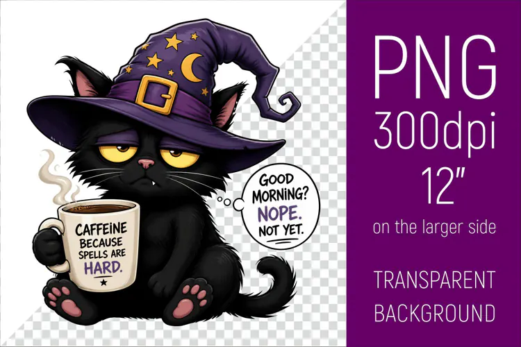 Funny Morning Coffee Cat in Witch Hat | Halloween Clipart