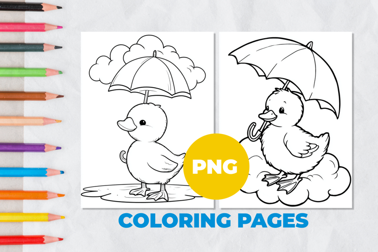 Duckling under an umbrella Coloring Page | Coloring book