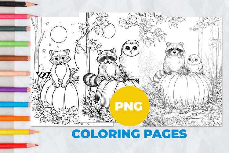 Owl and raccoon with pumpkin Coloring Pages | Coloring book