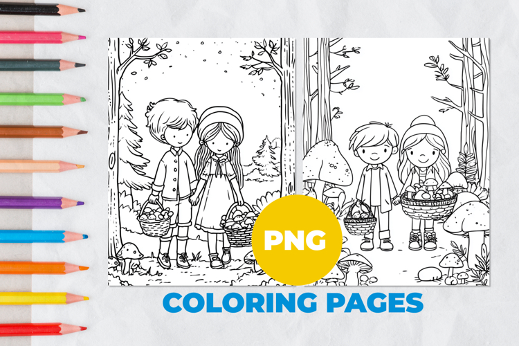 Children pick mushrooms Coloring Pages | Coloring book