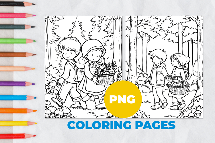 Children pick mushrooms Coloring Pages | Coloring book