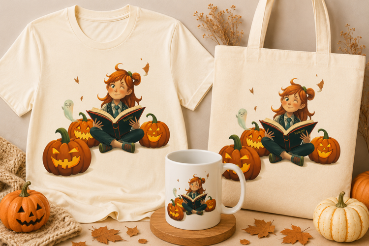 Halloween Reading Girl PNG | Pumpkin Book Lover Clipart