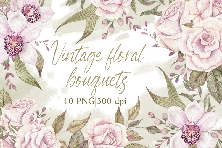 Vintage Floral bouquet | Watercolor boho wedding clipart example image 1