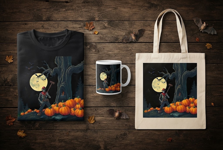 Skeleton Woodcutter Halloween Design with Pumpkins